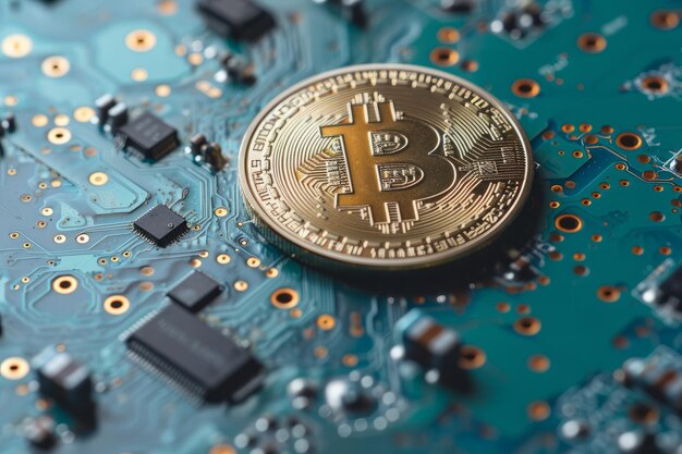 Pièce de crypto-monnaie Bitcoin sur un circuit imprimé d'ordinateur