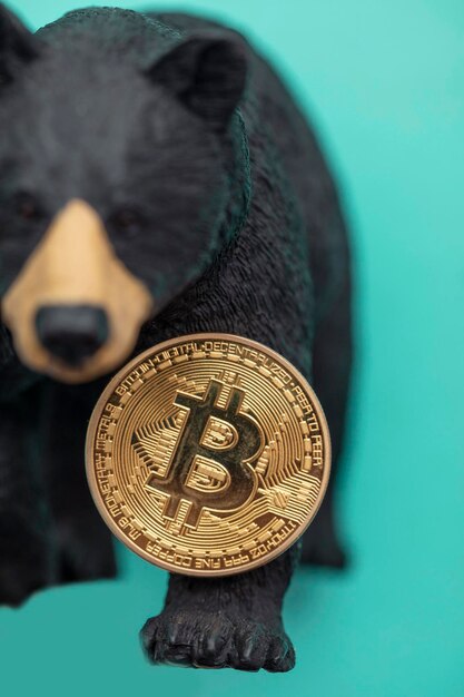 Pièce de crypto-monnaie Bitcoin avec un grizzli. Commerce de bitcoins baissier.