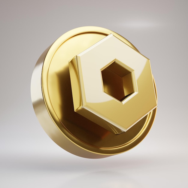 Pièce de crypto-monnaie Chainlink. Pièce d'or en rendu 3D avec symbole Chainlink isolé sur fond blanc.