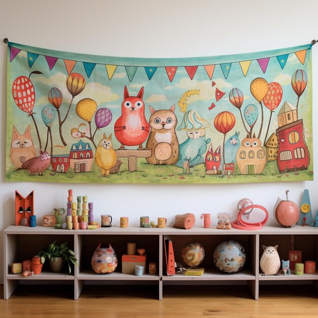 une pièce avec une décoration de bannière avec des ballons de Pâques et un hibou