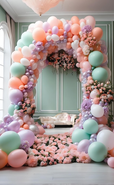 Une pièce décorée d'une immense arche de ballons.