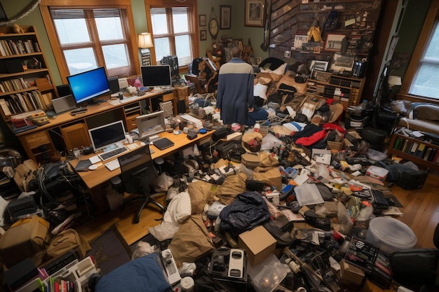 une pièce en désordre avec beaucoup de désordre sur le sol et un moniteur d'ordinateur sur le bureau.
