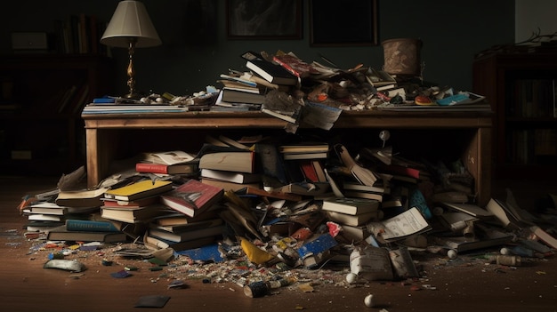 Une pièce en désordre avec une pile de livres sur le sol et une lampe sur le côté droit.