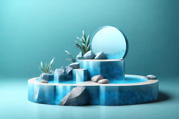 Une pièce d'eau bleue avec des plantes et des rochers dans l'eau.