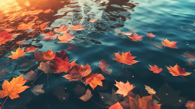 Une pièce d'eau avec des feuilles d'érable flottant dessus