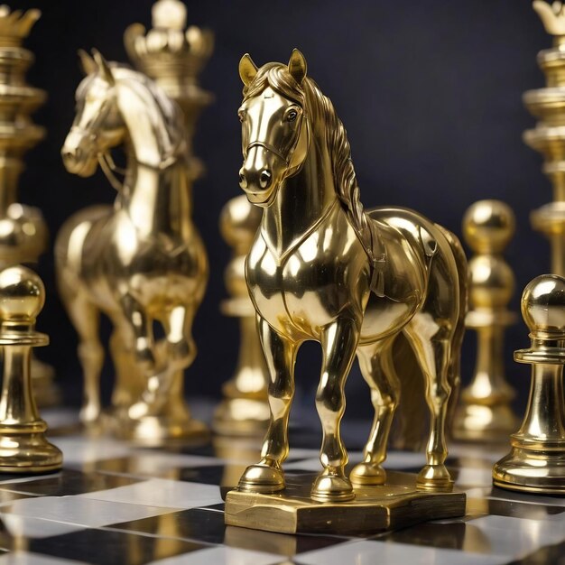 La pièce d'échecs du cheval d'or debout devant les pièces de pion d'argent sur le patter d'hexagone d'argent