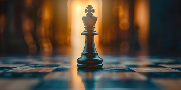 Pièce d'échecs roi victorieuse dans le défi sur le tableau symbolisant le leadership et la stratégie Concept Victoire à l'échecs Conseil de stratégie de leadership