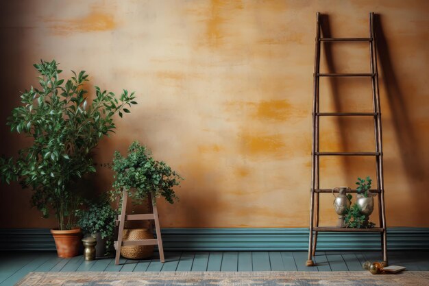 une pièce avec une échelle et des plantes sur le mur