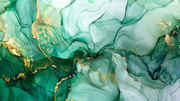 Une pièce élégante et abstraite d'art fluide vert magnifiquement accentuée par des nuances d'or