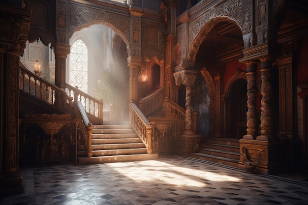 Une pièce avec un escalier et une fenêtre qui dit 'game of thrones'