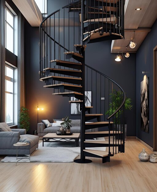 une pièce avec un escalier en spirale noir dans le rendu 3D dans le style de manapunk