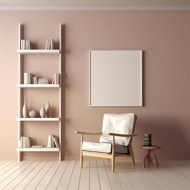 Une pièce avec une étagère blanche et une chaise et une photo sur le mur.