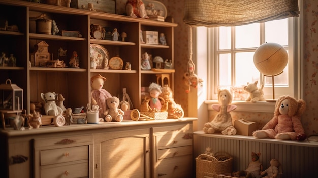 Une pièce avec une étagère sur laquelle se trouvent un tas de poupées et une fenêtre avec le soleil qui brille à travers.