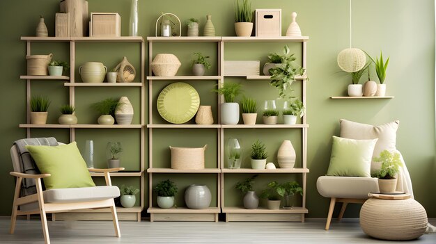 une pièce avec une étagère remplie de plantes et de vases d'intérieur scandinave pépinière avec forêt verte