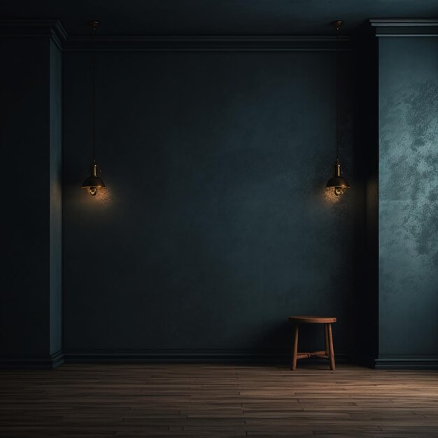 Une pièce faiblement éclairée avec une chaise en bois et un mur bleu foncé ai génératif