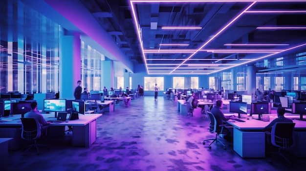 Photo une pièce avec des gens dedans et une lumière violette sur le plafond