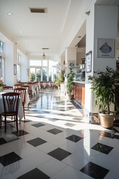 Photo une pièce avec un grand plancher avec des tables et des chaises et un panneau disant le restaurant