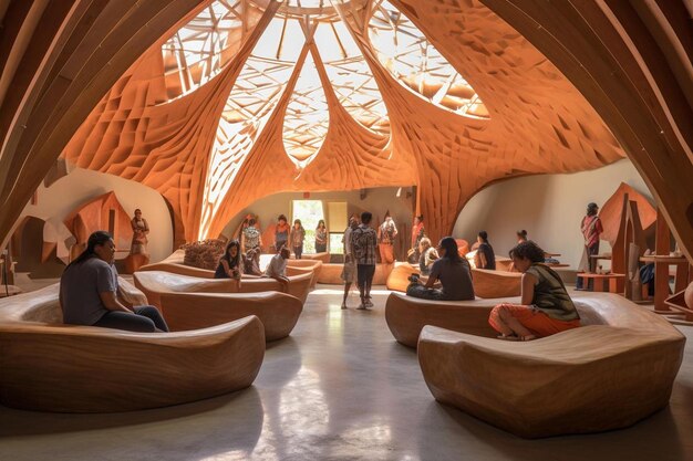 une pièce avec une grande structure en bois qui a une grande structure de bois avec un grand plafond qui dit coin