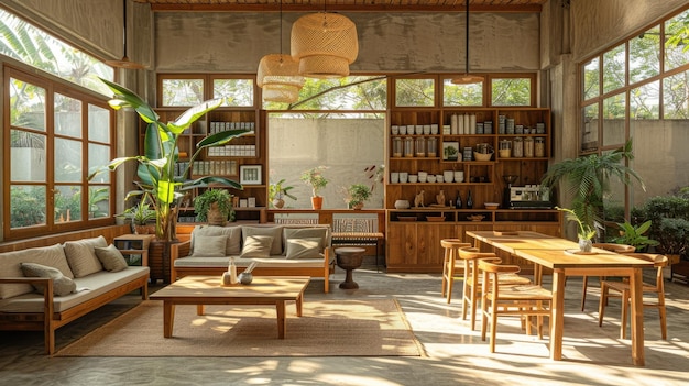 Photo une pièce avec une grande table en bois et une plante au centre