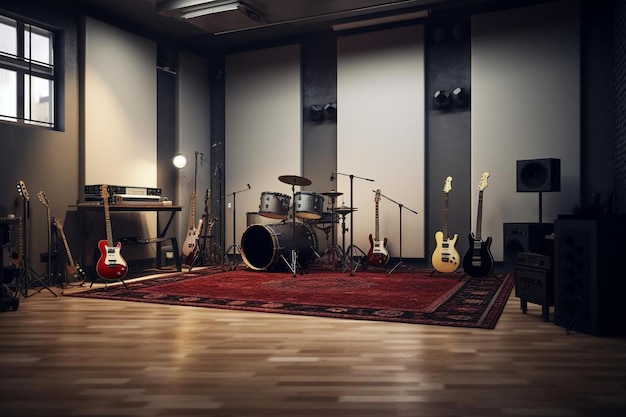 Photo une pièce avec des guitares et un tapis rouge au sol.