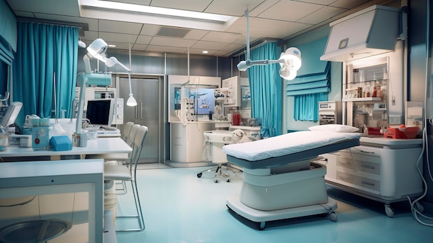 une pièce d'hôpital avec un moniteur et un moniteur sur le mur