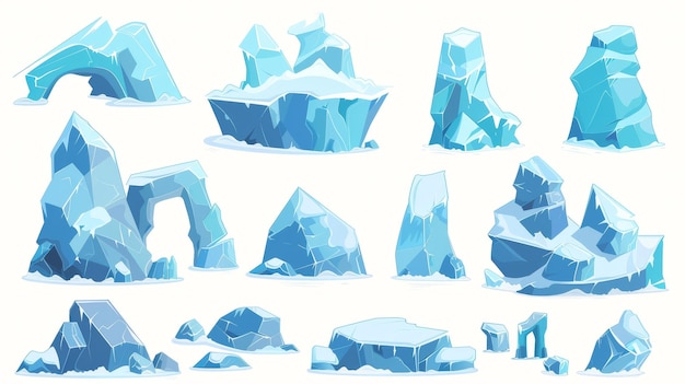 Pièce d'iceberg polaire et arc flottant sur un bloc d'eau cristalline gelée dans un ciel bleu et blanc Pièce de glace polaire et arche flottante Set d'illustration moderne d'un morceau d'icoberg bleu et d'une arche