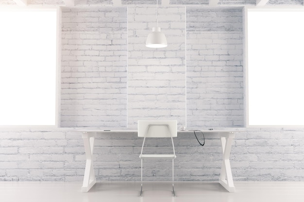 Pièce intérieure blanche de grenier avec la chaise de table et le mur de briques