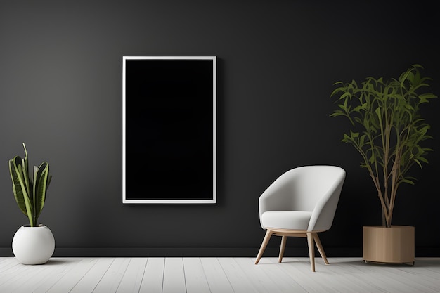 Pièce intérieure avec un tableau noir et une plante sur les côtés avec fauteuil