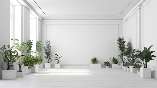 Pièce intérieure vide de mur blanc avec des plantes sur un sol avec la technologie Generative AI