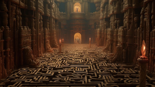une pièce avec un labyrinthe sur le sol et les mots le dieu au fond
