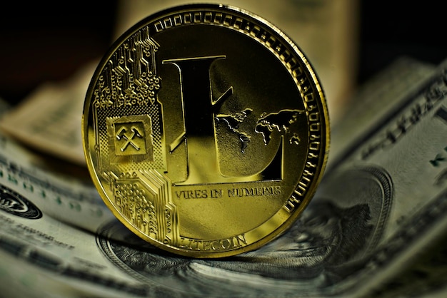 Pièce de litetcoin de crypto-monnaie portant sur un billet en dollars