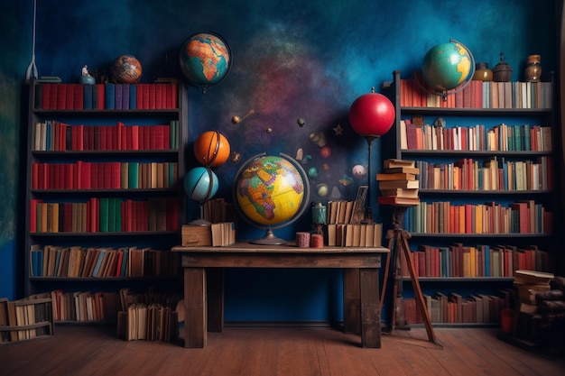 Une pièce avec des livres et des planètes au mur