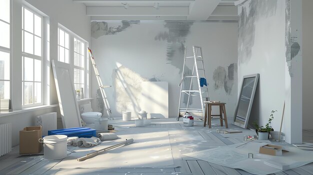 Une pièce lumineuse et aérée avec de grandes fenêtres et des murs blancs. La pièce est en cours de rénovation avec des boîtes de peinture, des pinceaux et des échelles éparpillées.