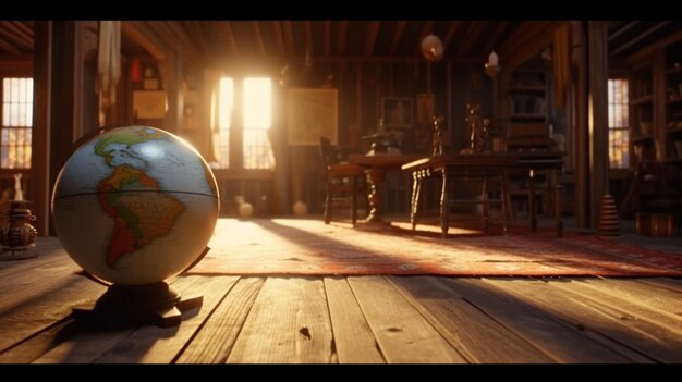 Photo une pièce avec des maisons en bois au sol et un globe en arrière-plan