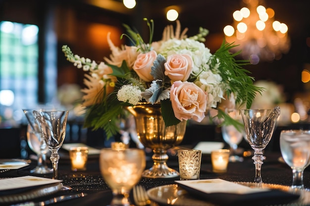 Une pièce maîtresse époustouflante composée d'une variété de fleurs et de verdure aménagées habilement sur une table de mariage à thème Gatsby dans les années 20 rugissantes générée par l'IA