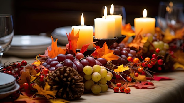 une pièce maîtresse de Thanksgiving ornée de feuilles d'automne et de bougies symbolisant les bénédictions et la gratitude