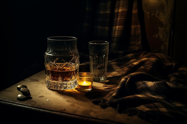 Une pièce mal éclairée, un verre de whisky solitaire.