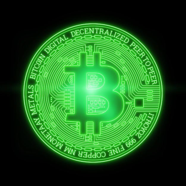 Pièce de monnaie bitcoin vert hologramme sur fond noir isoler l'arrière-plan créatif. Crypto-monnaie, commerce électronique. Rendu 3D, illustration 3D.