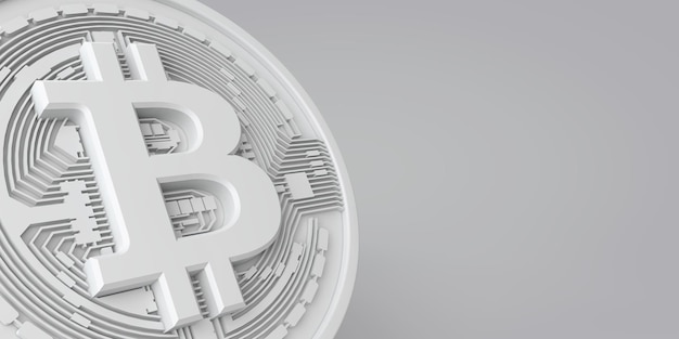 Une pièce de monnaie de crypto-monnaie bitcoin blanche sur un fond gris rendu d