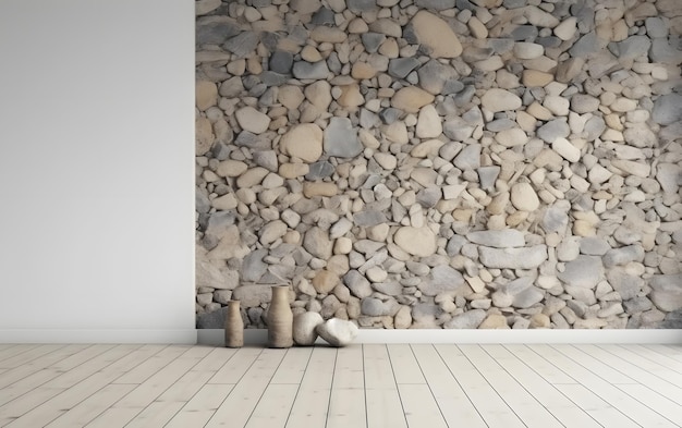 Une pièce avec un mur blanc et un mur blanc avec un mur en pierre et un vase dessus.