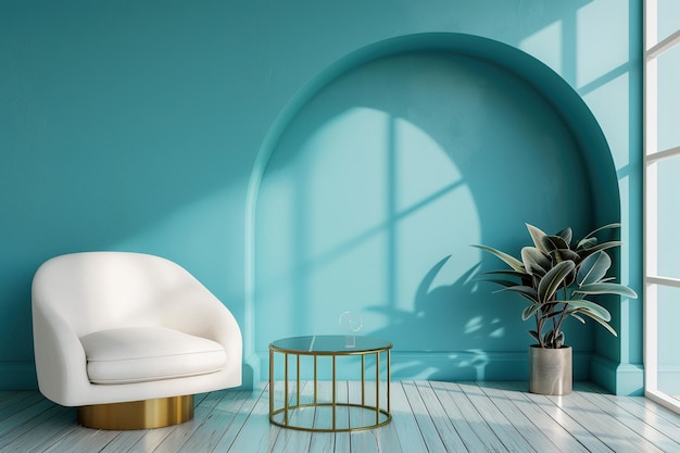 une pièce avec un mur bleu et une plante et une plante en pot