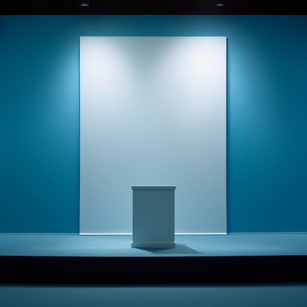 Une pièce avec un mur bleu et un podium avec une rangée de boîtes blanches dessus