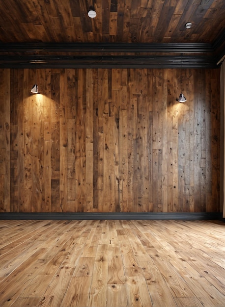 Photo une pièce avec un mur en bois et des lumières au plafond