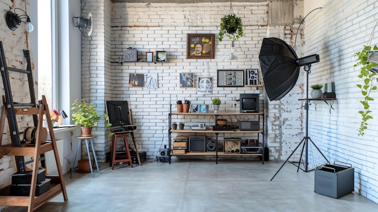 Photo une pièce avec un mur de brique et une photo d'une plante et d'un appareil photo