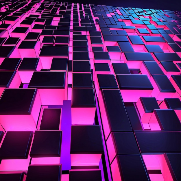 une pièce avec un mur de lumières au néon et un sol en carreaux carrés