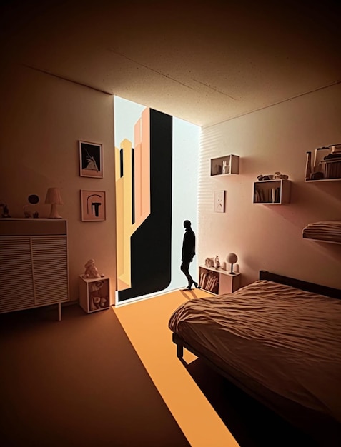 Photo une pièce avec un mur qui a une photo d'une personne debout dedans