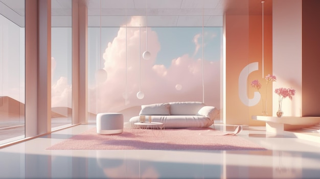 Une pièce avec un mur rose et un canapé avec le mot q dessus