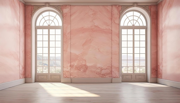 une pièce avec un mur rose et des fenêtres avec les mots citation rose sur le fond