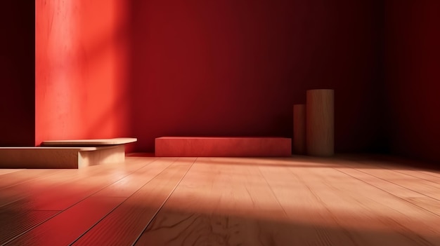 Une pièce avec un mur rouge et un banc en bois dans le coin.