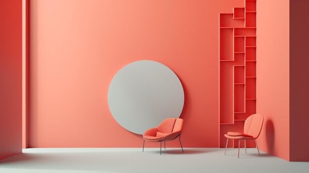 Une pièce avec un mur rouge et une étagère blanche qui dit 'orange'